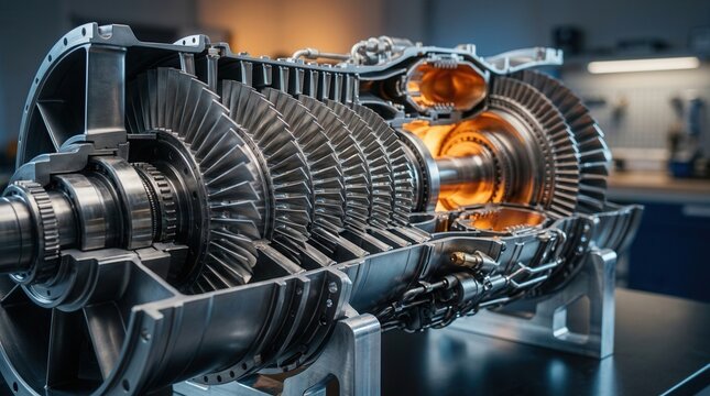 Turbine engine model with a longitudinal section showing blade arrangement and combustion chambers.