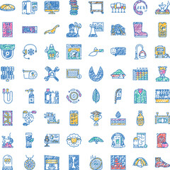 Fototapeta premium Set of colorful hand drawn doodle icons representing various concepts including business, technology, daily life objects, and web elements, perfect for diverse design projects