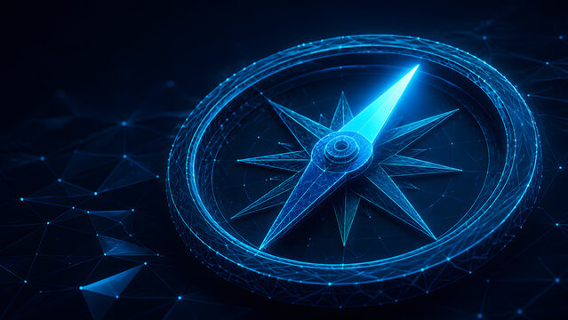 glowing blue compass wireframe with pointed needle showing direction on dark digital network background design