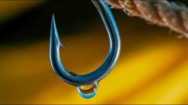 Macro close-up of a shiny metal fishing hook hanging from rope with a clear water droplet, highlighting sharp detail, angling equipment and outdoor recreation