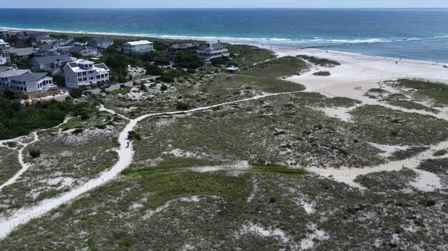 Scenic beach and coastline at Wrightsville Beach, NC with natural inlet waterway and sand dunes in summer