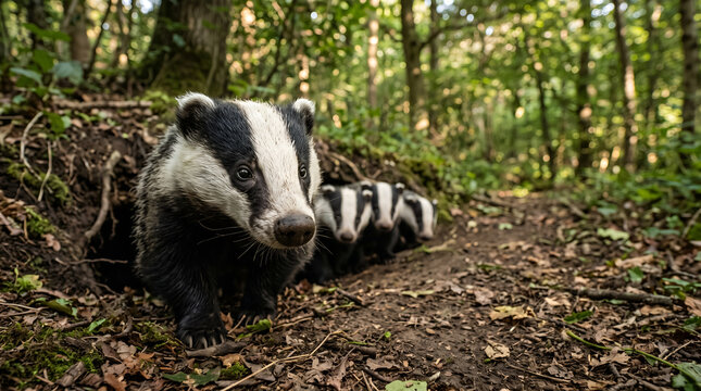 European badgers at forest burrow for National Badger Day