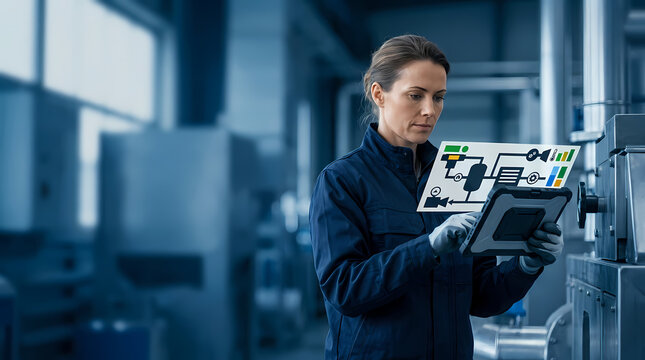 Female Engineer Analyzing Factory Production Data with Tablet