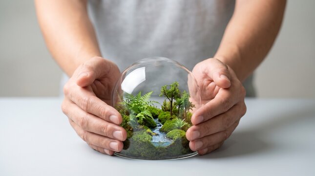 Person carefully cupping and protecting a miniature ecosystem inside a clear glass terrarium dome