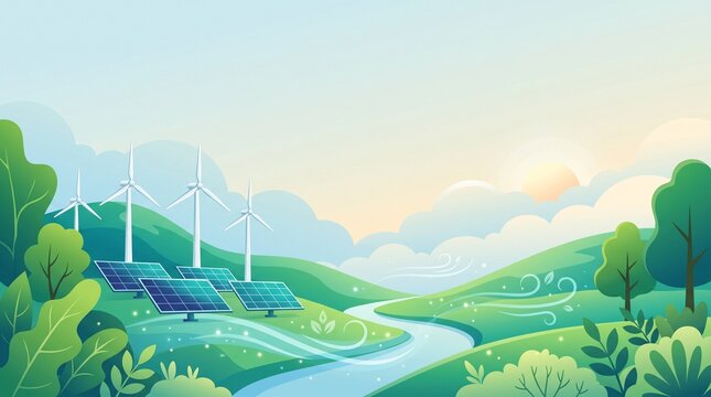&ldquo;A premium aesthetic flat vector illustration of a sustainable green energy landscape, featuring modern solar panels and elegant wind turbines across rolling green hills, surrounded by lush trees and 