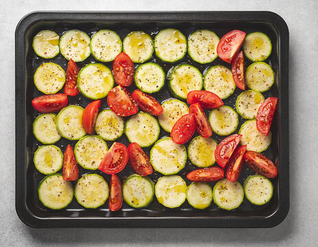 Top-down professional commercial food photography showing a baking sheet filled with sliced zucchini and cherry tomatoes seasoned with herbs, spices, and olive oil ready for roasting