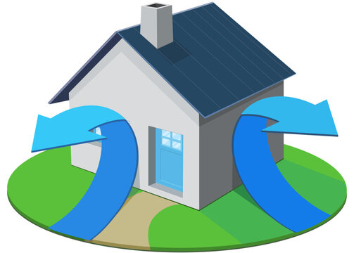 Isometric detached house surrounded by circulating blue arrows, symbolizing domestic airflow, HVAC ventilation, cooling, and energy efficiency. (cut out)