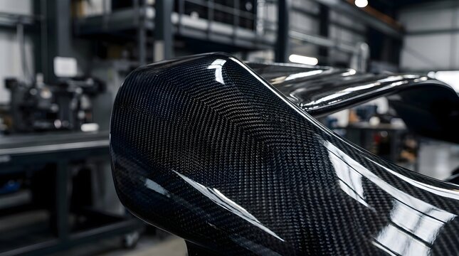Close-up of a glossy carbon fiber car spoiler in an automotive workshop, highlighting woven texture, aerodynamic design and high-performance racing finish with industrial background.