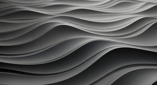 Abstract three dimensional wavy surface with smooth grayscale curves and soft shadows creating a fluid and rhythmic visual texture pattern