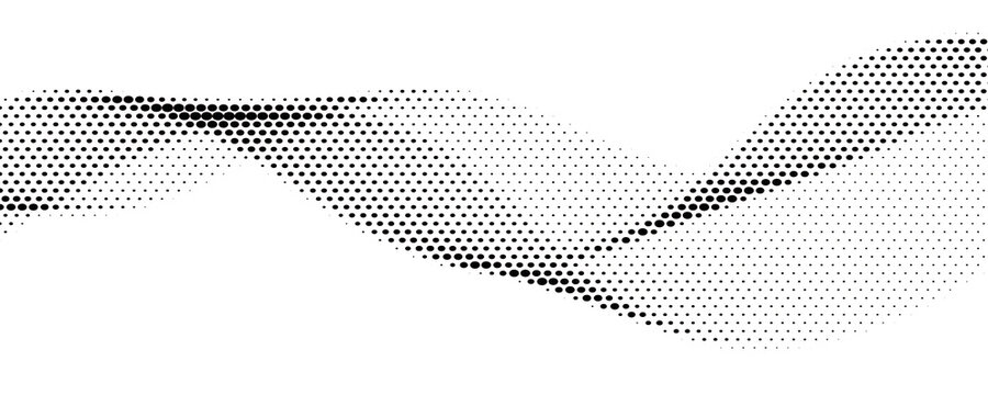 Black halftone wave background. Dotted curved flow wallpaper. Abstract textured grainy fluid backdrop. Vector grit pop art swoosh element for poster, banner, overlay, card, brochure, flyer, leaflet