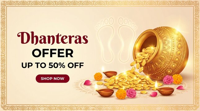 Dhanteras Offer: A golden pot overflowing with coins, surrounded by lit diyas and marigold flowers, signifies prosperity and good fortune, advertising ... See More