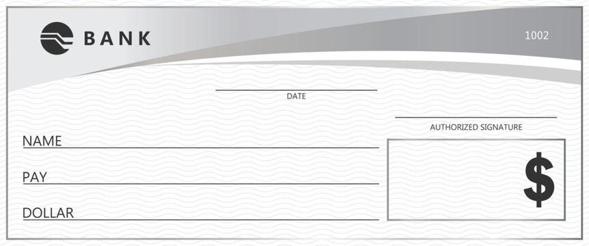 Blank cheque template vector design with silver gradient border, wave patterns, bank logo, and dollar sign for financial transactions and business payment concepts isolated on white background.