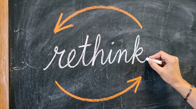 Hand writing rethink word in white chalk on blackboard with circular orange arrow icons.