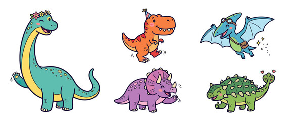 Cute cartoon dinosaurs isolated on transparent background © salday
