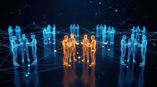 Business networking concept featuring interconnected blue wireframe figures and an orange glowing central team.