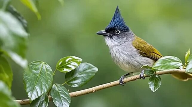 Beautiful crested bunting bird perching on a green tree branch in natural wildlife habitat