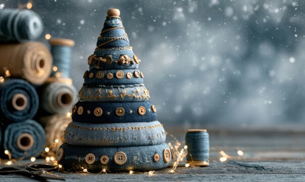 Fabric christmas tree decorated with buttons and string, surrounded by spools of thread and twinkling lights on a wooden surface