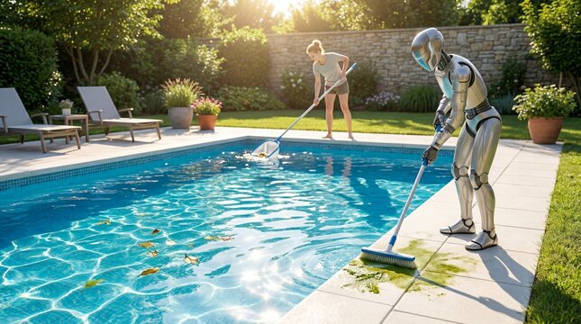 Robot and woman cleaning backyard swimming pool together on sunny summer day photography