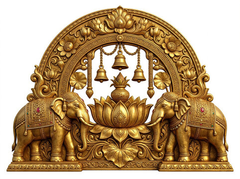Golden ornamental arch with paired elephants, central lotus and hanging bells