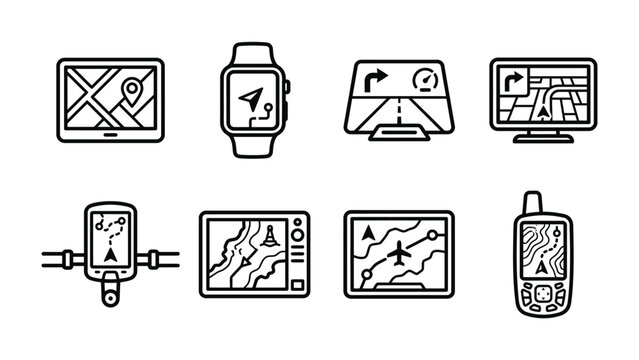 GPS Device Collection: A set of stylized icons depicting various GPS navigation devices, including a tablet, smartwatch, car navigation system, computer monitor, bicycle mount, and portable GPS units.