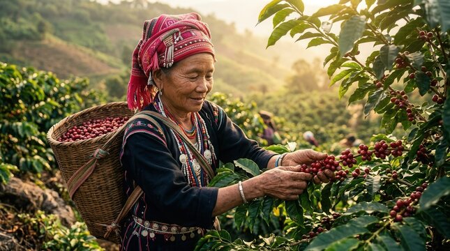 An Akha woman harvesting red coffee cherries on a hillside in northern Thailand.