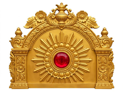 Golden sunburst ornamental backrest with red jewel centerpiece and radial carved rays