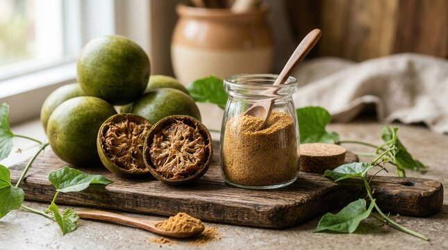 Luo Han Guo fruit with sliced pieces and extract powder in a glass jar.