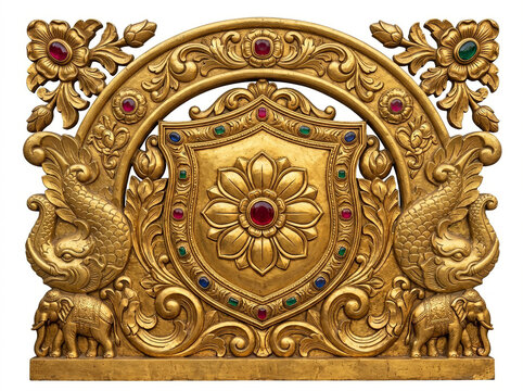 Ornate golden peacock and elephant backrest with central floral medallion and carved arch