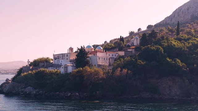 Drone aerial view of Myrsinidi Monastery on the coast of Chios, Greece