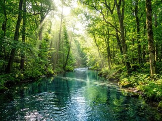 Obraz premium Sunlight filters through dense green trees, casting rays onto a calm river winding through a serene forest creating a beautiful natural scene, dense forest, water surface, scenic