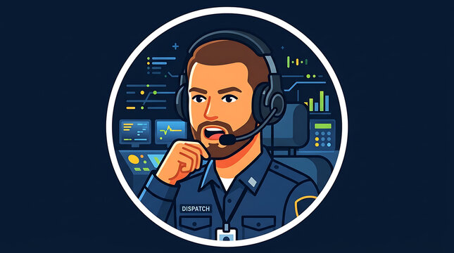 Dispatch operator with headset working at a digital emergency control station