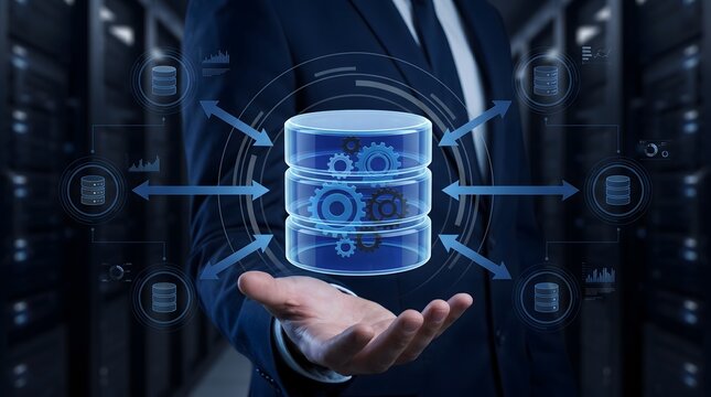 Businessman holding database with gears and data flow