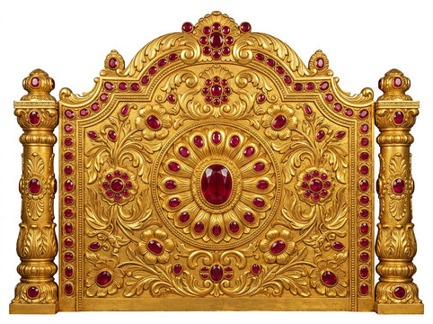Elaborate golden ornamental backrest with red jewel medallion, floral relief and carved columns