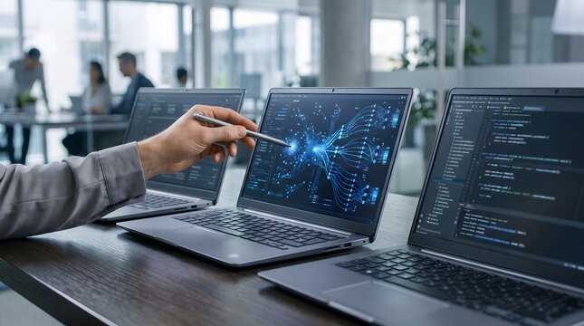 Developer pointing at complex data visualization on laptop screen