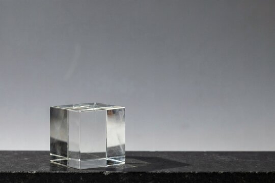 Solid optical glass cube on dark granite with soft grey studio light