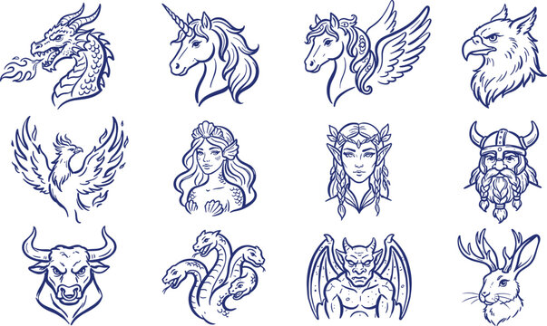 Fantasy and Mythical Creature Vector Icon Set with Dragon Unicorn Pegasus Griffin Phoenix Mermaid Elf Viking Minotaur Hydra Gargoyle and Jackalope Designs