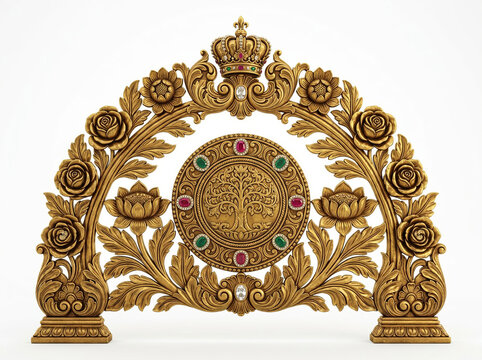 Golden floral arch with circular jewel medallion, roses, lotus flowers and carved botanical vines