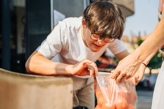 Teenage boy with Down syndrome packing fresh tomatoes with his mother at outdoor market in Spain