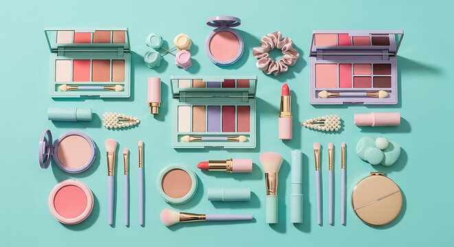 Flat lay of various makeup products including eyeshadow palettes, brushes, and lipsticks in pastel colors on a light blue background