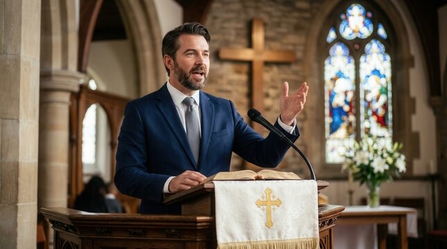 A religious leader speaking from a wooden pulpit inside a church sanctuary.