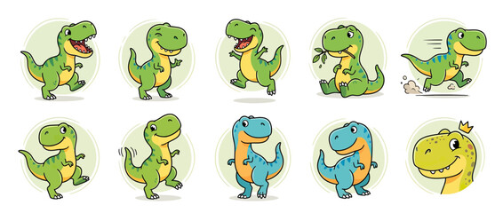 Obraz premium Cute Cartoon Dinosaurs in Various Poses, Isolated