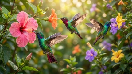 Fototapeta premium Vibrant hummingbirds hovering near colorful flowers in a sunny garden.