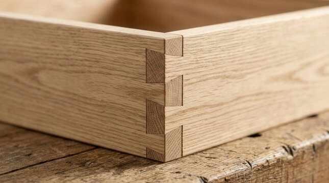 Close-up of an oak dovetail joint assembled in a wooden drawer corner on a workbench.