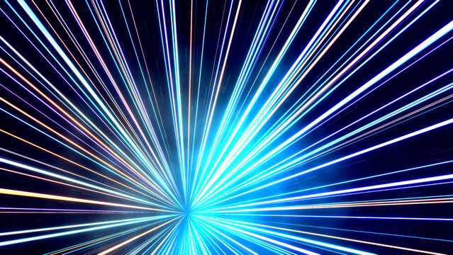 A dynamic 3D render showcasing a radiant burst of light emanating from a central point against a dark background