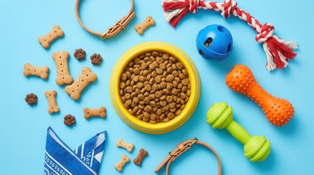 Flat lay composition of dog and cat food, snacks, and toys on a bright blue background.