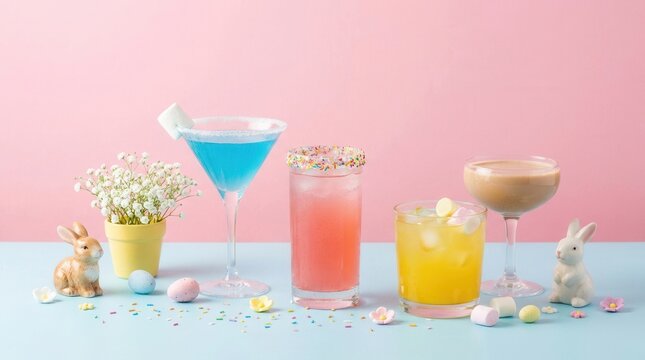 Colorful Easter party mocktails with spring decorations and candy.
