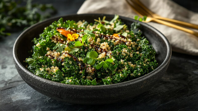 Editorial macro shot of kale salad with quinoa and truffle dressing. Dark stoneware and lighting enhance richness and texture. Premium plant-based cuisine
