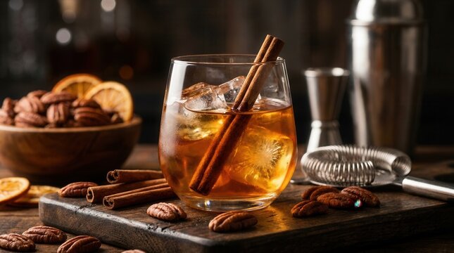Strong bourbon pecan pie cocktail with cinnamon sticks for autumn and winter.