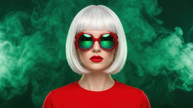 Portrait of a woman with white hair and red sunglasses against a green smoky backdrop
