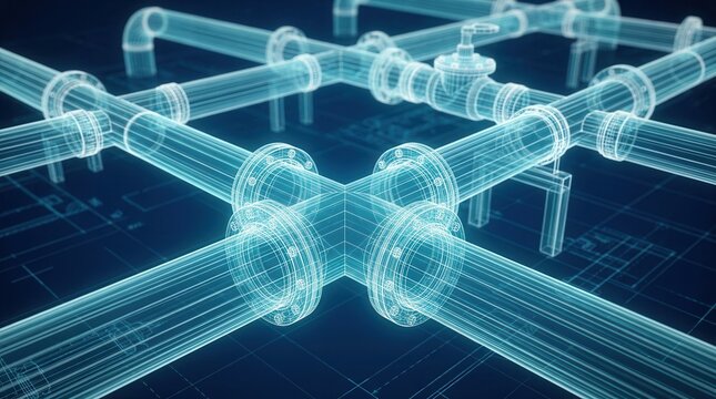Blue technical line art illustration of piping for water, gas, and oil.